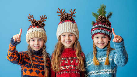 Three kids in colorful knitted hats show fingers, playful gesture.の素材