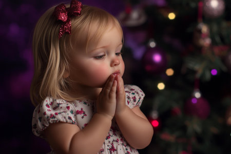 Little girl standing before Christmas tree, adorned with lights and ornaments, in cozy living room.の素材