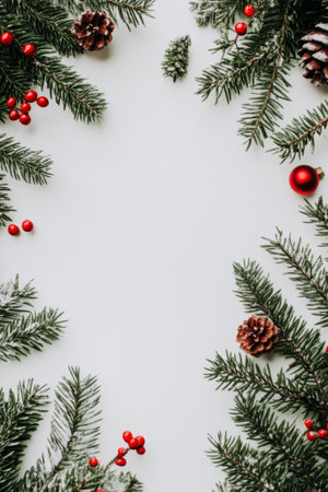 Christmas tree branches decorated with red berries, pine cones.の素材