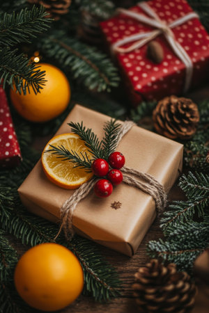 Brown paper gift with red bow, lemon slice accent, rustic charm.の素材