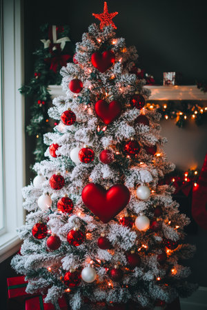 Christmas tree decorated with red, white ornaments, festive decor.の素材