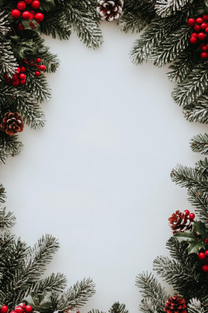 Christmas wreath decorated with red berries, pine cones, and green foliage.の素材