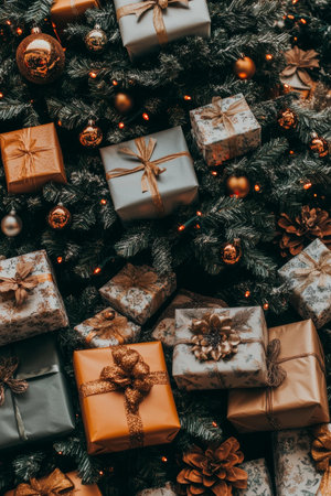 Christmas tree decorated with gifts, vibrant ornaments, festive lights.の素材