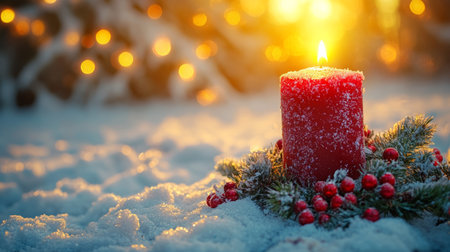 Snow-dusted candle surrounded by red berries and pine cones.の素材