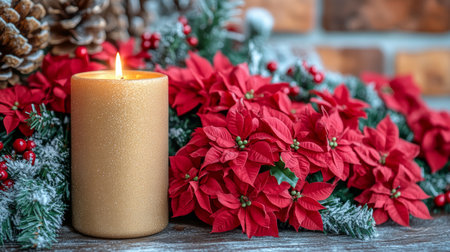 Lit candle in a holder surrounded by festive Christmas decorations.の素材