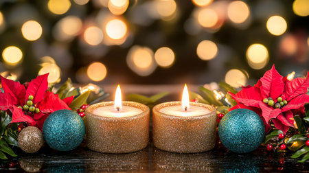 Lit candles set before a Christmas wreath adorned with vibrant poinsettias.の素材