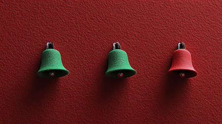 Three silver bells on vibrant red background, symbolizing festive holiday spirit Christmas celebration.の素材
