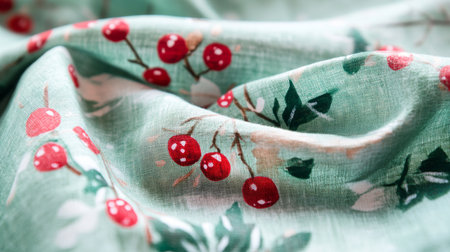 Closeup of green fabric with vibrant red cherries, showing detailed textures vivid colors.の素材
