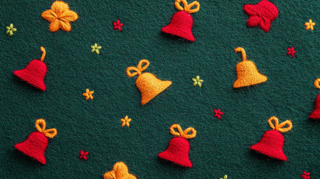 Golden Christmas bells with red ribbon on green background, symbolizing festive joy holiday spirit.の素材