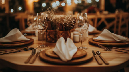 Elegant wedding reception table with white linens, floral centerpieces, crystal glassware, gold accents in romantic setting.の素材
