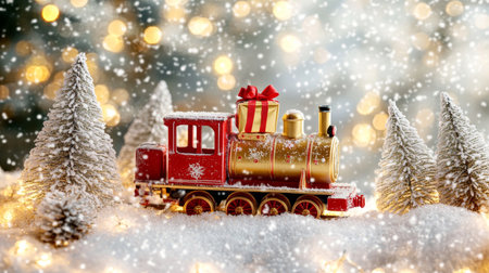 Festive toy train with colorful carriages, Christmas tree decorated with lights, red green ornaments in cozy holiday setting.の素材