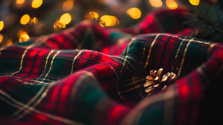 Gold ring resting on cozy plaid blanket, warm tones, perfect for autumn, symbolizing love, warmth, comfort.の素材