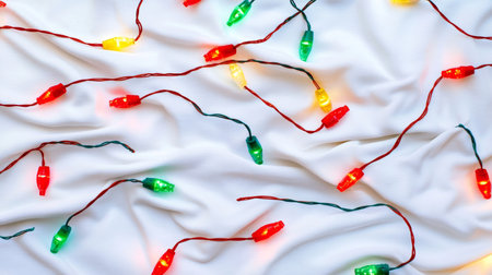 Soft white sheet draped with warm glowing fairy lights, creating cozy ambiance, perfect for holiday or romantic settings.の素材