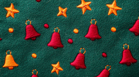 Vibrant green backdrop adorned with red, orange felt ornaments, perfect for festive holiday decor or craft inspiration.の素材