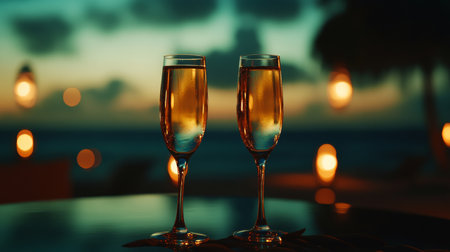 Two champagne glasses on table, golden sunset backdrop, romantic evening, warm hues, perfect for celebrations or special occasions.の素材