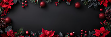 Vibrant red poinsettias with lush green leaves on dark backdrop, capturing festive holiday spirit natural beauty.の素材