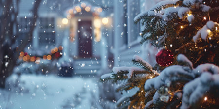 Festive Christmas tree decorated with twinkling lights, vibrant ornaments, shimmering tinsel, set against warm, glowing background.の素材