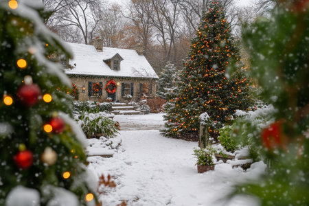 Snowcovered Christmas tree decorated with lights, cozy house in background, warm glow from windows, winter wonderland scene.の素材