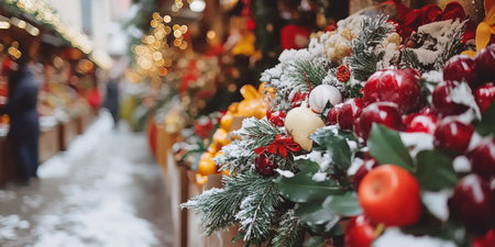 Festive store wall adorned with red, green, gold Christmas decorations, including baubles, garlands, twinkling lights.の素材