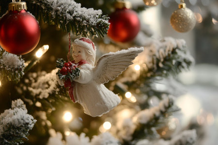 Christmas tree decorated with white angel figurine, twinkling lights, red ornaments, shimmering tinsel, evoking festive cheer.の素材