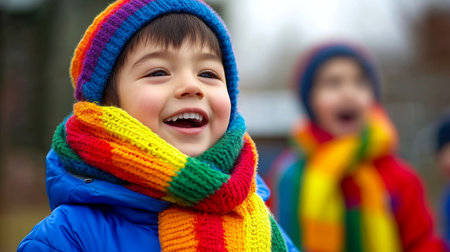 Young boy wearing vibrant rainbow scarf, smiling outdoors, showcasing colorful fashion cheerful expression.の素材