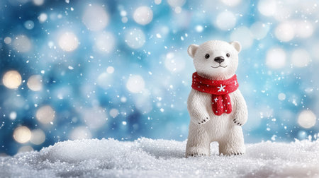 Adorable white polar bear cub in red scarf, set against snowy background, symbolizing winter warmth holiday cheer.の素材