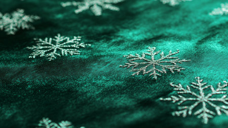 Green velvet fabric adorned with white snowflakes, perfect for winter themed decor or festive holiday projects.の素材