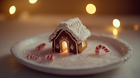 Cozy gingerbread house with white icing details, colorful candy decorations, perfect for Christmas celebrations.の素材