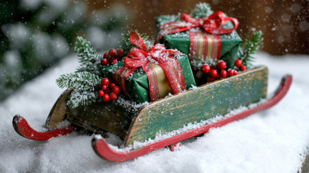 Sleigh adorned with festive Christmas decorations, featuring vibrant red bow, surrounded by holiday cheer.の素材