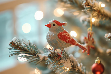 Small bird perched on snowdusted Christmas tree branch, surrounded by festive red green ornaments.の素材