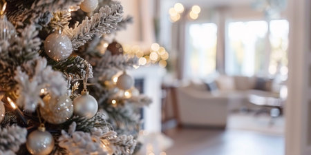 Christmas tree decorated with white ornaments, glowing lights, green branches, festive holiday spirit.の素材