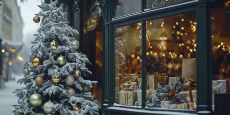 Festive Christmas tree decorated with ornaments lights stands in front of bustling store, spreading holiday cheer.の素材