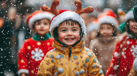 Little boy in yellow jacket wearing reindeer hat, smiling outdoors in winter setting, capturing festive holiday spirit.の素材