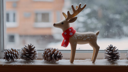 Toy deer with brown antlers stands by sunlit window, casting shadows on wooden floor, evoking cozy, rustic winter vibes.の素材