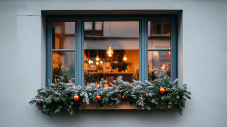 Festive window decorated with lush Christmas wreath, glowing candles, snowdusted bread, evoking warm holiday cheer.の素材