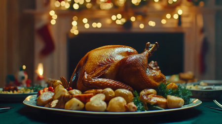 Goldenbrown turkey on white plate with roasted potatoes, vibrant vegetables, perfect for Thanksgiving or festive holiday meal.の素材