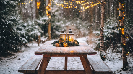 Wooden table decorated with glowing lantern, warm Christmas lights, creating cozy holiday ambiance.の素材