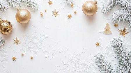 Festive Christmas ornaments, red gold baubles, pine cones, on pristine white snow, capturing holiday spirit winter magic.の素材