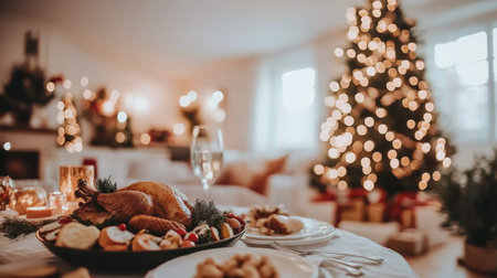 Festive holiday table with roasted turkey centerpiece, Christmas tree decorated with lights ornaments in background.の素材
