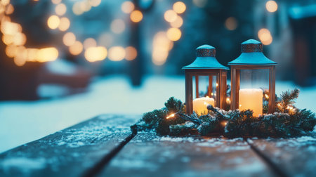 Warm candle glow illuminates festive Christmas wreath on rustic wooden table, creating cozy holiday ambiance.の素材