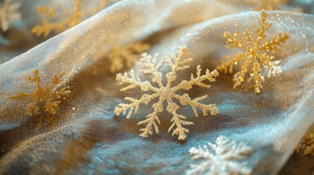 White snowflake shaped flower centerpiece on wooden table, surrounded by holiday decor, warm lighting, cozy winter theme.の素材