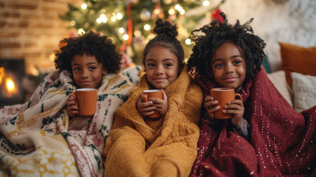 Three young girls on cozy couch, sipping coffee, sharing laughter, wearing casual outfits, bright living room setting.の素材