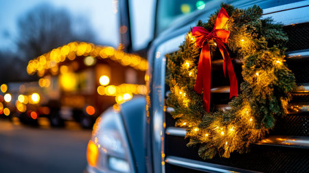 Festive wreath ornaments vintage red trucks grille, evoking holiday spirit with green foliage vibrant red berries.の素材