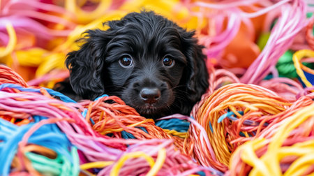 Black puppy resting on vibrant streamers, capturing playful celebration with bright colors joyful energy.の素材