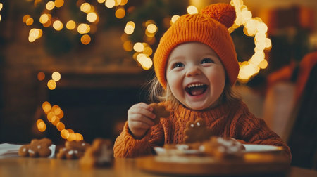 Young girl enjoying chocolate bar, sitting at table, wearing pink sweater, sunlight streaming through window, joyful expression.の素材