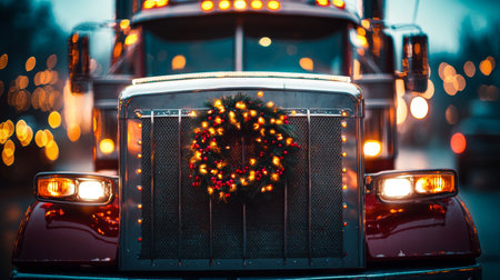 Festive wreath decorated with red ribbons on semi trucks back, celebrating holiday spirit on road.の素材