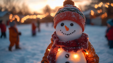 Snowman with red hat, scarf, carrot nose, coal eyes, set against snowy winter backdrop, capturing holiday spirit.の素材