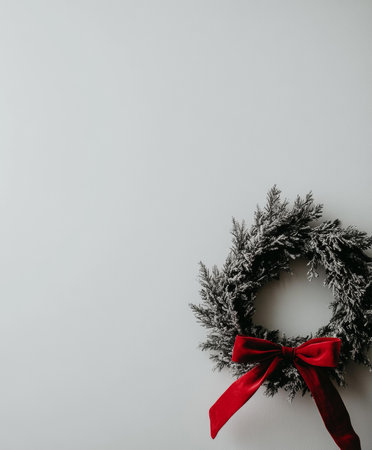 Festive wreath on wall with bright red bow, holiday decorationの素材