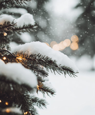 Snow-covered Christmas tree, festive winter scene, holiday spirit.の素材