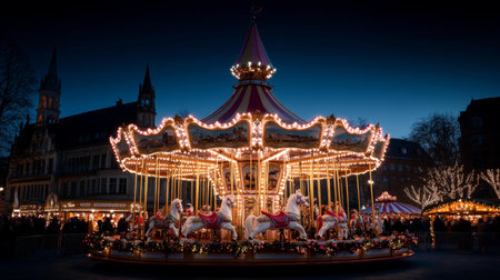 Illuminated carousel with glowing lights spinning at night.の素材